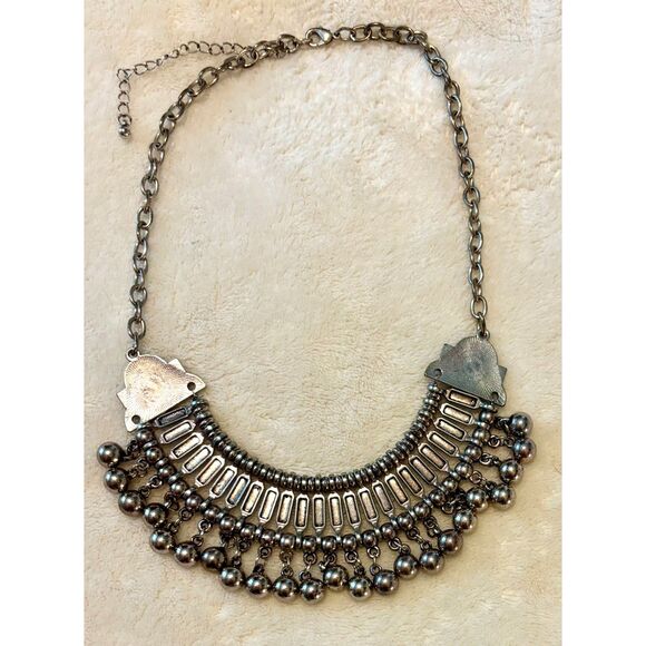 Turkish Style Tribal Design Boho Bib Silver Tone Statement Necklace - Picture 2 of 4